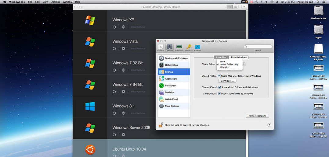 Freigabe-Optionen in Parallels Desktop 11