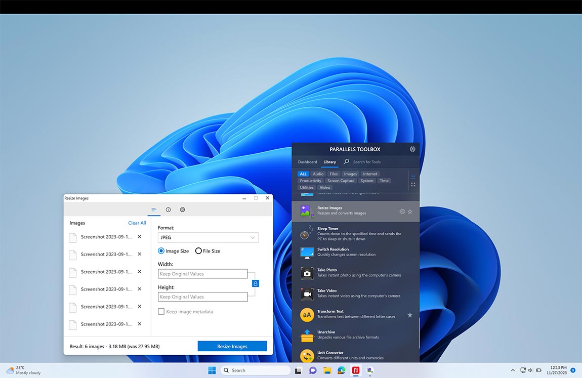 Resize Images screen
